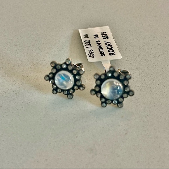 One of a kind Rainbow Moonstone with Diamond Earrings - Picture 1 of 9